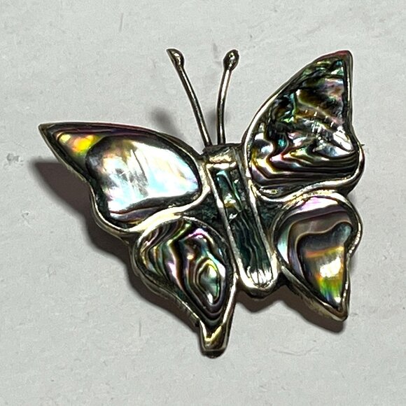 Vintage Abalone Butterfly Brooch Pin Silver Tone Handmade Mexico Marked - Picture 3 of 7